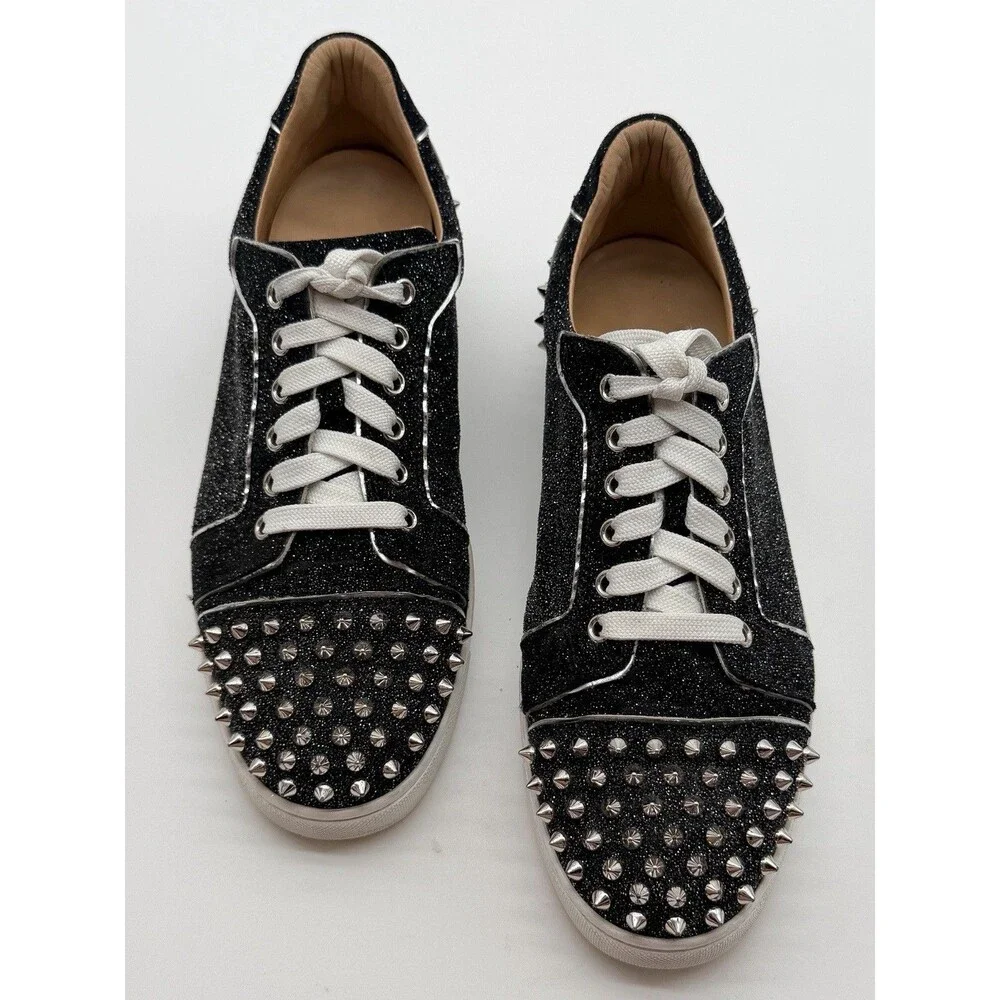 Christian Louboutin Vieira 2 Low Top Sneaker Black Glitter Silver Spikes EU 41 - Picture 9 of 15